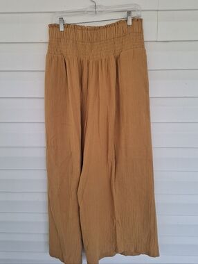 ANTHROPOLOGIE Wide Leg Smocked Gauze Pants High Waist Mustard Size Medium